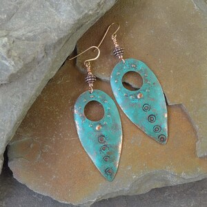 Verdigris shield earrings, metalsmith copper and verdigris patina earrings, leaf shape patinated earrings, cutout verdigris patina drops