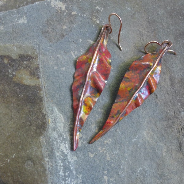 Fold formed autumn leaf earrings, folded autumn leaves, colorful fold formed leaf earrings, autumn fold formed artisan leaves