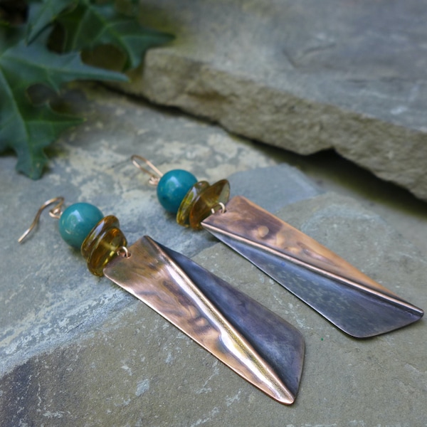 Fold formed chrysocolla and agate earrings, folded gemstone earrings, chrysocolla folded copper earrings, artisan folded rectangles