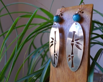 Pendientes de latón con bambú y amazonita recortados, pendientes de latón con bambú, pendientes de hojas de bambú, latón con bambú recortado ovalado, pendientes de latón recortados
