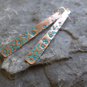 Long copper earrings with turquoise squares