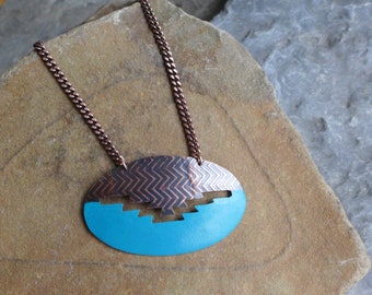 Southwestern design copper + turquoise necklace, embossed southwestern necklace, turquoise + copper artisan necklace, zigzag cutout necklace