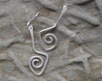 Sterling silver triangular spiral earrings, sterling silver spiral earrings, hammered silver spiral earrings, artisan hammered silver drops