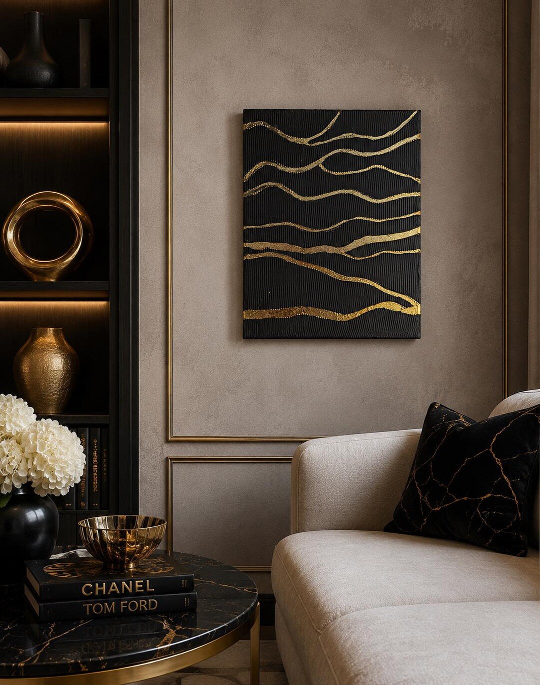 Black Gold Textured Wave Painting | Handmade Abstract Canvas Art ...