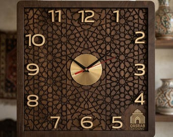 Moroccan Geometric Wooden Wall Clock 15x15 | Modern Islamic Wall Decor | Arabic or English Numerals