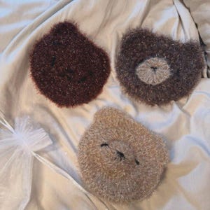 Puede incluir: Tres artículos hechos a mano con forma de oso de peluche en tonos marrones y beige. Los osos tienen rasgos faciales bordados y una textura esponjosa. Uno es de color burdeos intenso, otro marrón medio y el tercero beige claro. Una bolsa de organza blanca está en la imagen.