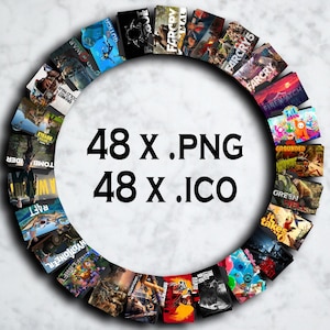 Könnte beinhalten: Kreisförmige Anordnung von Spielecovern, darunter Titel wie Far Cry und Call of Duty, mit dem Text "48 x .PNG" und "48 x .ICO" in der Mitte. Die Cover sind in einem Ring vor einem weißen Marmorhintergrund angeordnet.