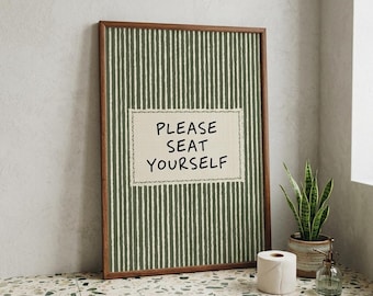 Funny Please Seat Yourself Poster, Retro Olive Green Stripes Bathroom Wall Art, Humorous Restroom Typography Home Decor Print