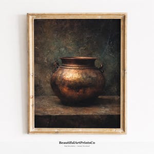 Moody Copper Pot Still Life Painting - Rustic Vintage Antique Cauldron Art, Dark Neutral Wall Decor, Cottagecore Print, Digital Download