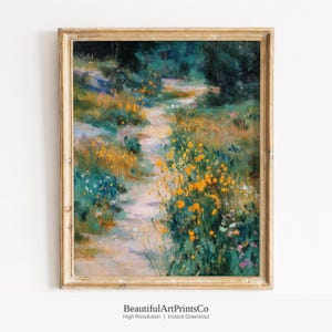 Rustic Dirt Path with Yellow Wildflowers - Cottagecore Landscape Printable, Impressionistic Pastoral Painting, Cozy Spring Wall Art Download