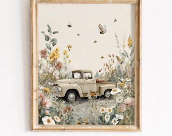 Vintage Cream Pickup Truck in Wildflower Meadow - Cottagecore Farmhouse Wall Art, Rustic Botanical Print, Instant Digital Download