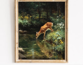 Rustic Printable Fawn by Forest Stream - Cottage core Moody Deer Art, Earthy Woodland Scene, Vintage Nature Print, Digital Download