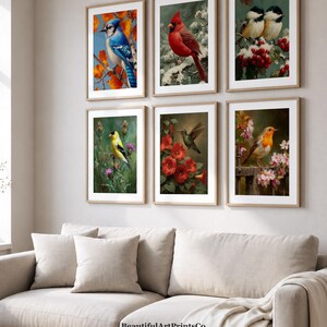 Set di 6 stampe botaniche vintage di uccelli / Collezione di arte ornitologica stampabile, decorazione cottagecore, download digitale rustico autunno-primavera