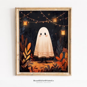Cozy Halloween Ghost Illustration - Childlike Ghost in Fall Foliage, Warm Autumn Scene, Cute Spooky Art, Printable Wall Art Download