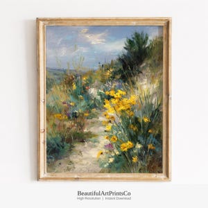 Rustic Sunlit Path with Yellow Wildflowers - Cottagecore Earthy Landscape, Cozy Country Scene, Printable Retro Art, Digital Wall Decor