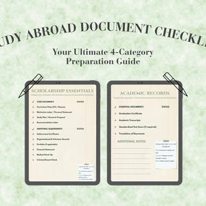Studieren im Ausland Dokument Checkliste Bündel | 4-seitiger Internationaler Uni-Bewerber-Tracker | Stipendium &Visa Prep Log | Canva Vorlage