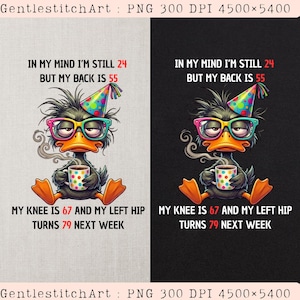 Peut inclure: Un graphique numérique représentant un canard de dessin animé portant un chapeau de fête coloré et des lunettes à monture sarcelle, tenant une tasse à pois. Le texte indique : IN MY MIND I'M STILL 24 BUT MY BACK IS 55 MY KNEE IS 67 AND MY LEFT HIP TURNS 79 NEXT WEEK.