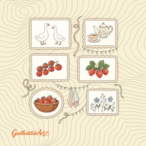 Peut inclure: Plusieurs illustrations encadrées représentant des oies, une théière et une tasse, des tomates, des fraises, un bol de fraises, des serviettes et des fleurs bleues. Les illustrations sont de style vintage.
