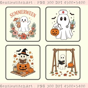 Peut inclure: Quatre illustrations carrées représentant des fantômes blancs. En haut à gauche : fantôme avec une boisson et des fleurs tropicales, texte SUMMERWEEN. En haut à droite : fantôme infirmier avec un seau citrouille et un thé boba. En bas : fantômes lisant des livres.