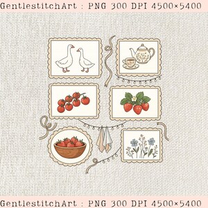Peut inclure: Une illustration numérique composée de six cadres à bords festonnés contenant des dessins de deux oies, une théière avec une tasse, une grappe de tomates rouges, un fraisier, un bol de fraises et des fleurs sauvages, reliés par des rubans.