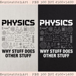 May include: A digital graphic design featuring the word PHYSICS at the top and WHY STUFF DOES OTHER STUFF at the bottom. The center contains various scientific icons including atoms, beakers, calculators, and mathematical equations in black and white.