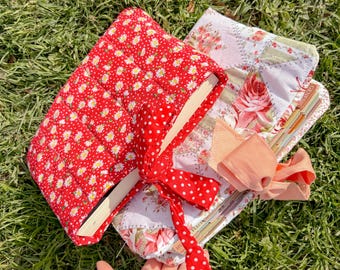 Quilted Book Sleeve: Floral Patchwork, Bow Closure, Padded Book Protector.