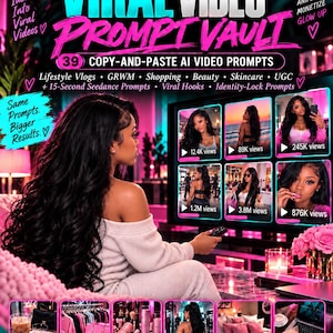 May include: A digital product advertisement titled Viral Video Prompt Vault featuring 39 copy-and-paste AI video prompts. The graphic includes text about lifestyle vlogs, beauty, and skincare, with a central image of a person watching a screen.