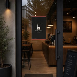 Peut inclure: Vue extérieure d'un café avec une porte vitrée à encadrement noir. Un panneau noir avec le mot "OPEN" et un dessin de cadenas est visible. Un menu sur tableau noir énumère les options de café.