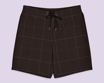 Men's Espresso Brown & Lavender Blue Plaid  Board Shorts |  Quick-Dry Swim Trunks