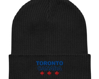 TORONTO CANADA Ahornblatt gerippte Bio-Beanie | Minimalistische Stadt Souvenir 100% Baumwolle Strickmütze | Umweltfreundliches Unisexgeschenk