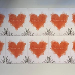 May include: Ten rectangular cards arranged in two rows of five. Each white card features a central orange watercolour heart with the text "TODAY'S SIGN" printed in white. The bottom of each card displays a small black botanical illustration.