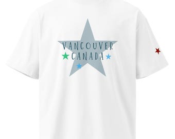 Vancouver KANADA Stern Unisex Bio-T-Shirt mit hohem Halsausschnitt | Gesticktes grafisches T-Shirt mit dreifarbigen Sternen