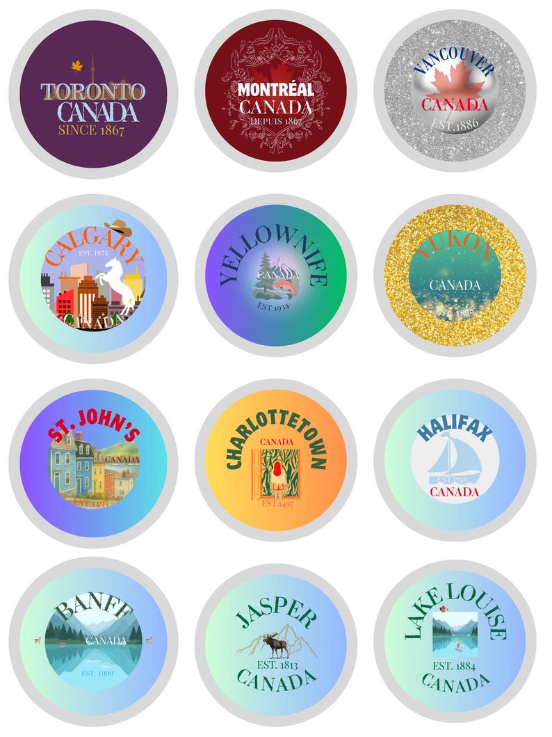 12 Canadian City Glitter Badge Stickers – Retro Souvenir Set (Digital Download) by Alter Standard