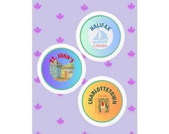 Atlantic Canada Sticker Sheet | Halifax, St. John's, Charlottetown Badges | Maple Leaf Print