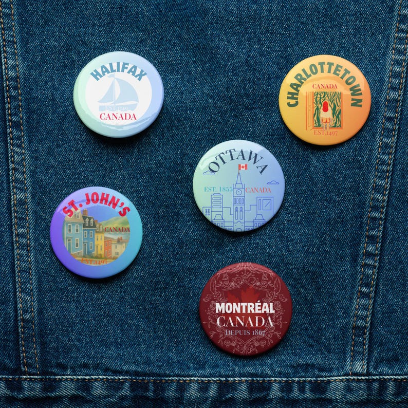 CANADA Souvenir 5 City Set of pin buttons - Halifax, Charlottetown, St. John's, Ottawa and Montréal