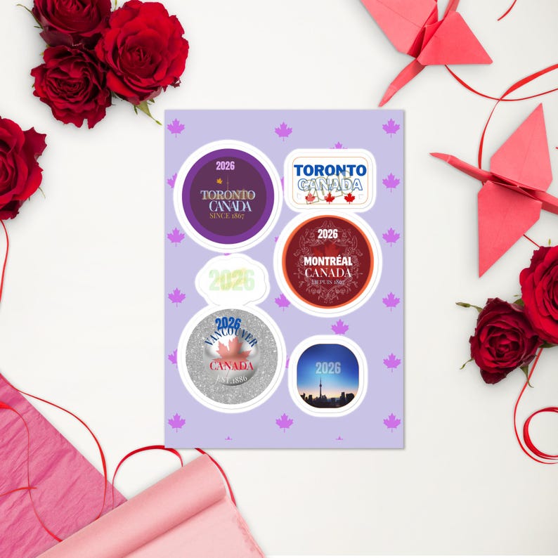 May include: A sticker sheet featuring a light purple background with small maple leaf patterns. It includes five distinct stickers with Canadian city themes, including Toronto, Montreal, and Vancouver, all displaying the year 2026 in various fonts.