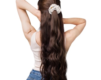 Coletero clásico reciclado con estampado de pata de gallo en color beige té con leche / Accesorio para el cabello de estilo francés chic, sujetador de coleta neutro