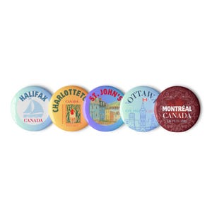 CANADA Souvenir 5 City Set of pin buttons - Halifax, Charlottetown, St. John's, Ottawa and Montréal