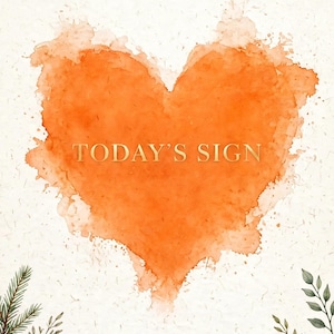 May include: A rectangular sign featuring a large, textured orange watercolour heart in the centre with the gold text "TODAY'S SIGN" overlaid. The bottom section displays the number "20" and "ALTER STANDARD" in gold, framed by green botanical sprigs.