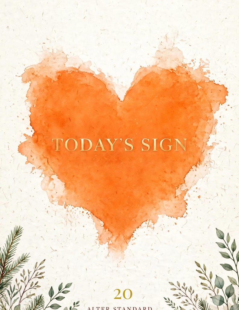 May include: A rectangular sign featuring a large, textured orange watercolour heart in the centre with the gold text "TODAY'S SIGN" overlaid. The bottom section displays the number "20" and "ALTER STANDARD" in gold, framed by green botanical sprigs.