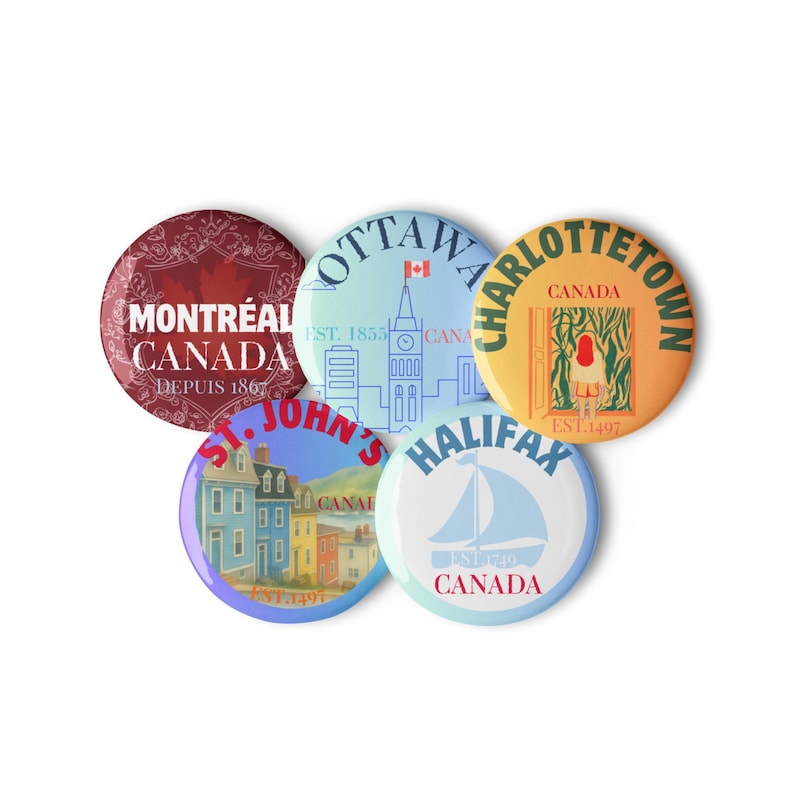 CANADA Souvenir 5 City Set of pin buttons - Halifax, Charlottetown, St. John's, Ottawa and Montréal