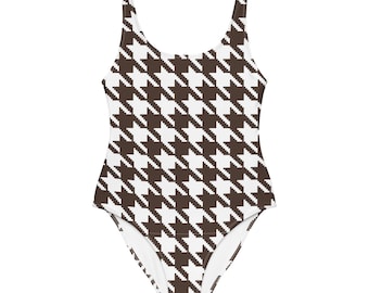 Traje de baño de una pieza premium Authentic Simplicity color marrón espresso con estampado de pata de gallo / Traje de baño de lujo para mujer, ideal para resorts.