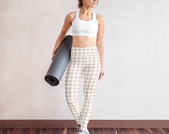 Hidden Heart Gingham Yoga Leggings | Milk Tea Beige High-Waisted Workout Pants