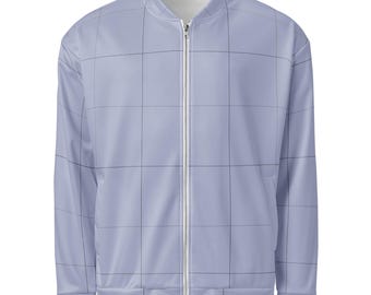 Lavendel Blau Espresso Grid Bomber Jacke | Unisex Karierter Reißverschluss Mantel