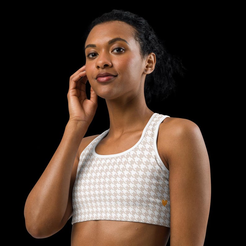 Hidden heart Houndstooth Sports bra | Milk Tea Beige Workout Bralettes image 12