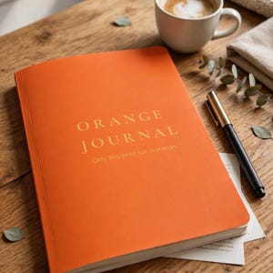 May include: A bright orange journal with the text "ORANGE JOURNAL" and "Only this print run is orange." printed in gold on the front cover. The journal is positioned next to a black and gold pen, a white coffee mug, and a folded white cloth.