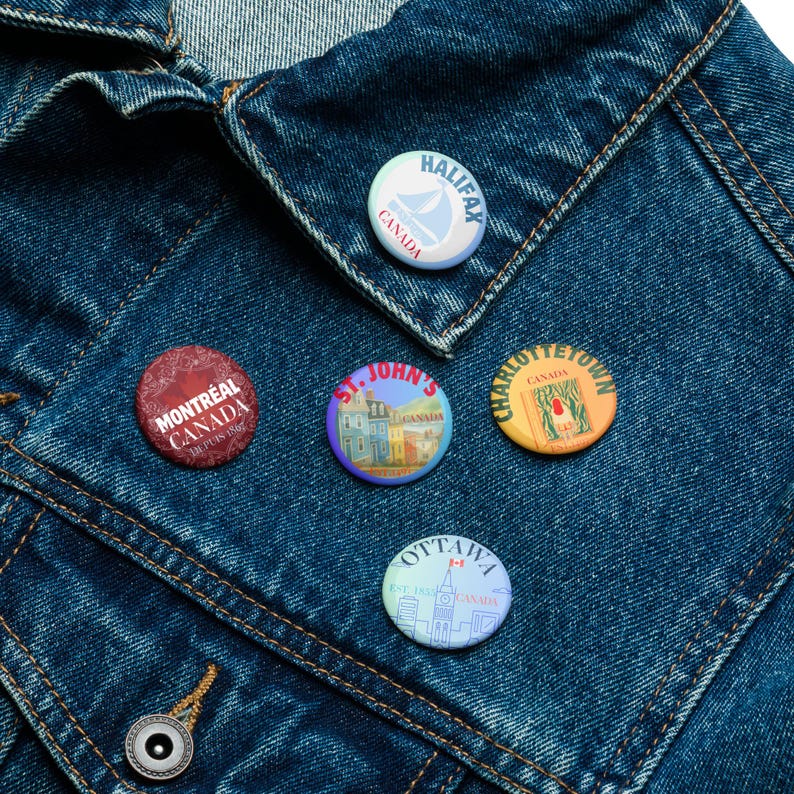 CANADA Souvenir 5 City Set of pin buttons - Halifax, Charlottetown, St. John's, Ottawa and Montréal