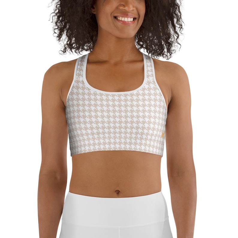 Hidden heart Gingham Check Sports bra | Milk Tea Beige Sport Top