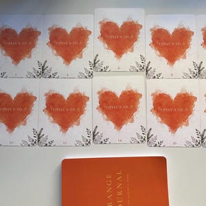 May include: Ten rectangular cards arranged in two rows, each featuring a watercolour-style orange heart and the text TODAY'S SIGN. Below the cards is an orange journal with the text ORANGE JOURNAL visible on the cover in white lettering.