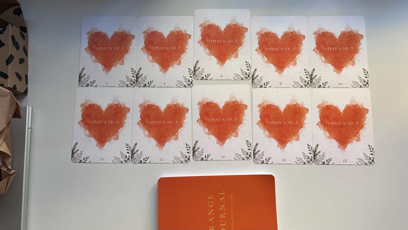 May include: Ten rectangular cards arranged in two rows, each featuring a watercolour-style orange heart and the text TODAY'S SIGN. Below the cards is an orange journal with the text ORANGE JOURNAL visible on the cover in white lettering.